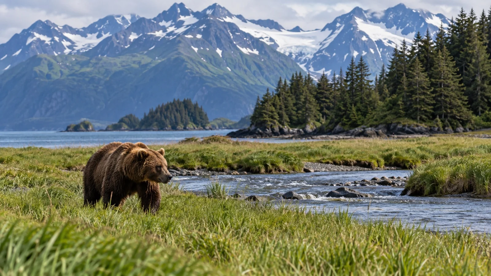 Kodiak brown bear beside a stream in a remote Alaskan meadow