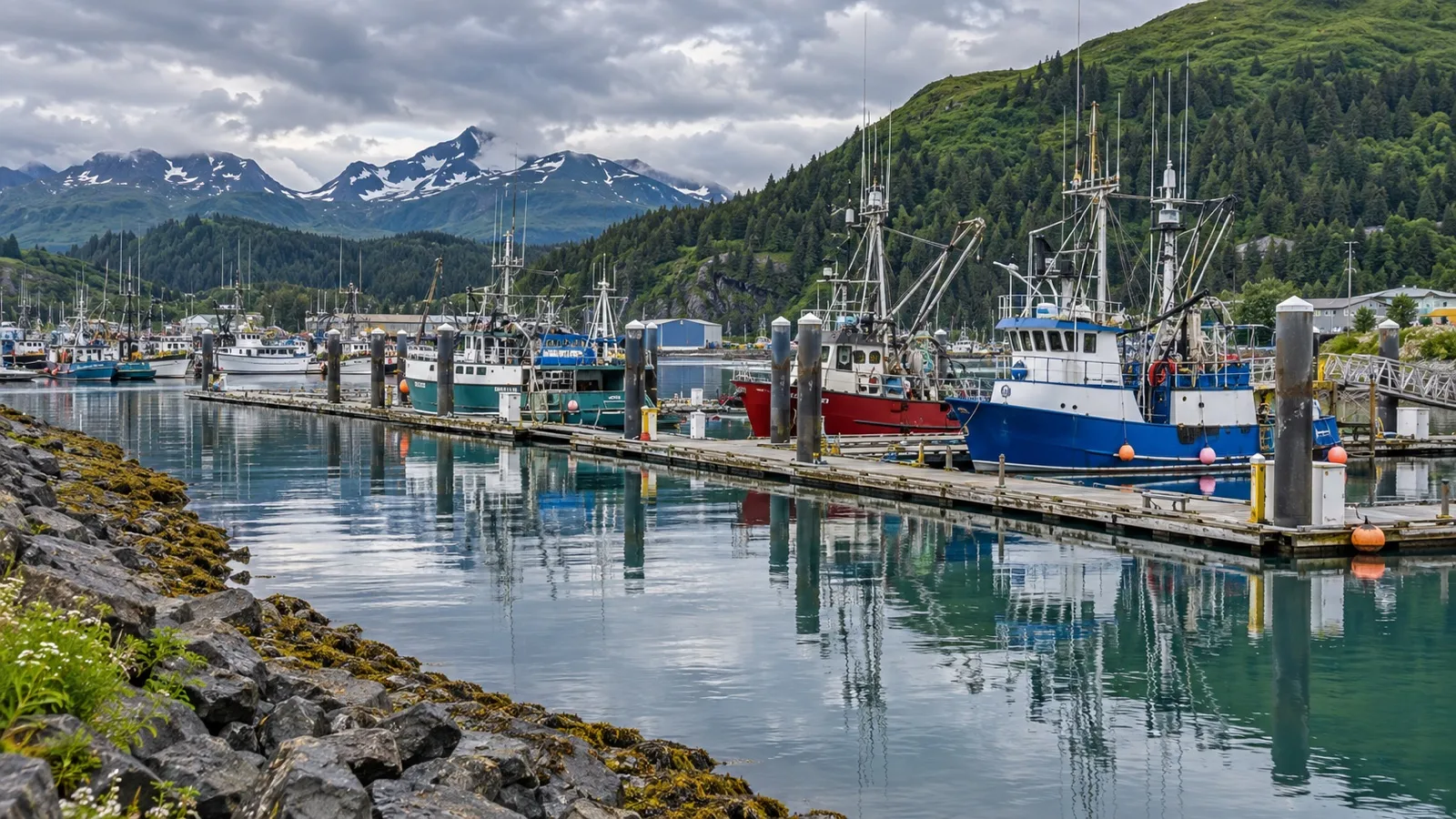 Fishing boats moored in Kodiak harbor beneath green coastal hills