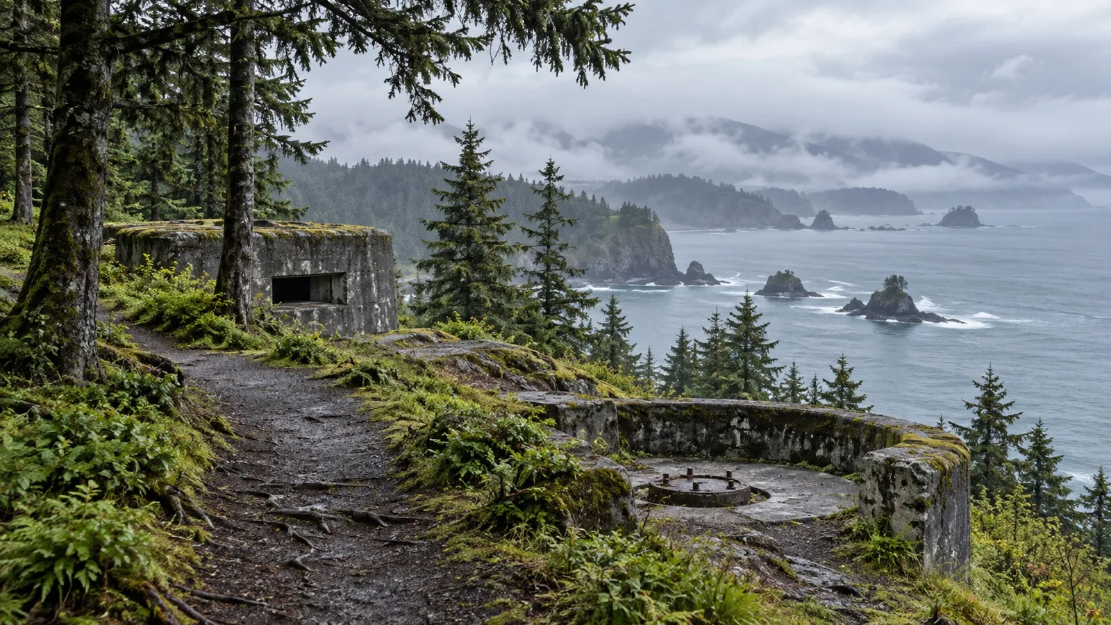 Coastal trail and historic defenses at Fort Abercrombie on Kodiak Island
