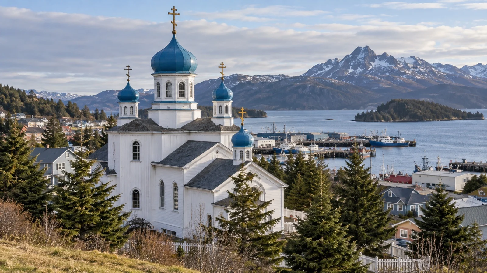 Holy Resurrection Orthodox Cathedral in Kodiak with blue onion domes