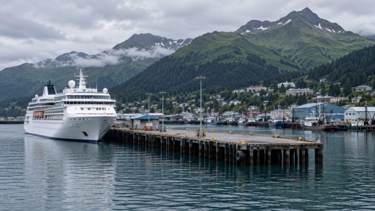Cruise ship at Kodiak Pier II with green Alaskan mountains behind town