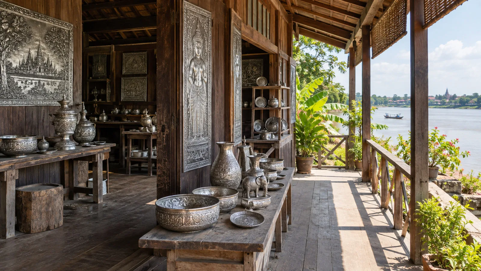 Koh Chen Cambodia artisan metalwork workshop exterior with shaded porch and displayed silverware, no people