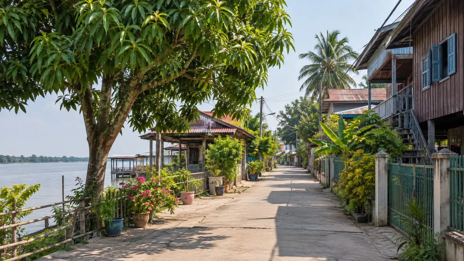 Quiet Koh Chen village lane near Phnom Penh Cambodia with simple houses, tropical trees and no people