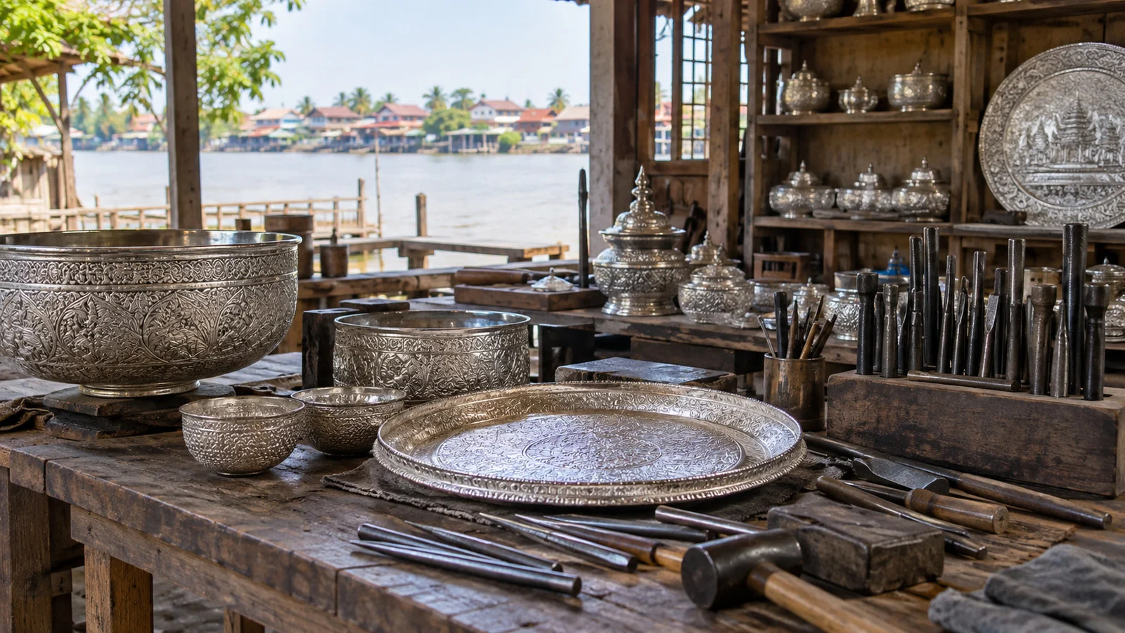 Silversmith tools and hand-crafted silver bowls and trays displayed in Koh Chen Cambodia workshop, no people