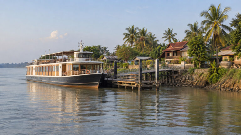 Small Mekong river cruise vessel at Koh Chen Cambodia village landing with palms and low houses, no people