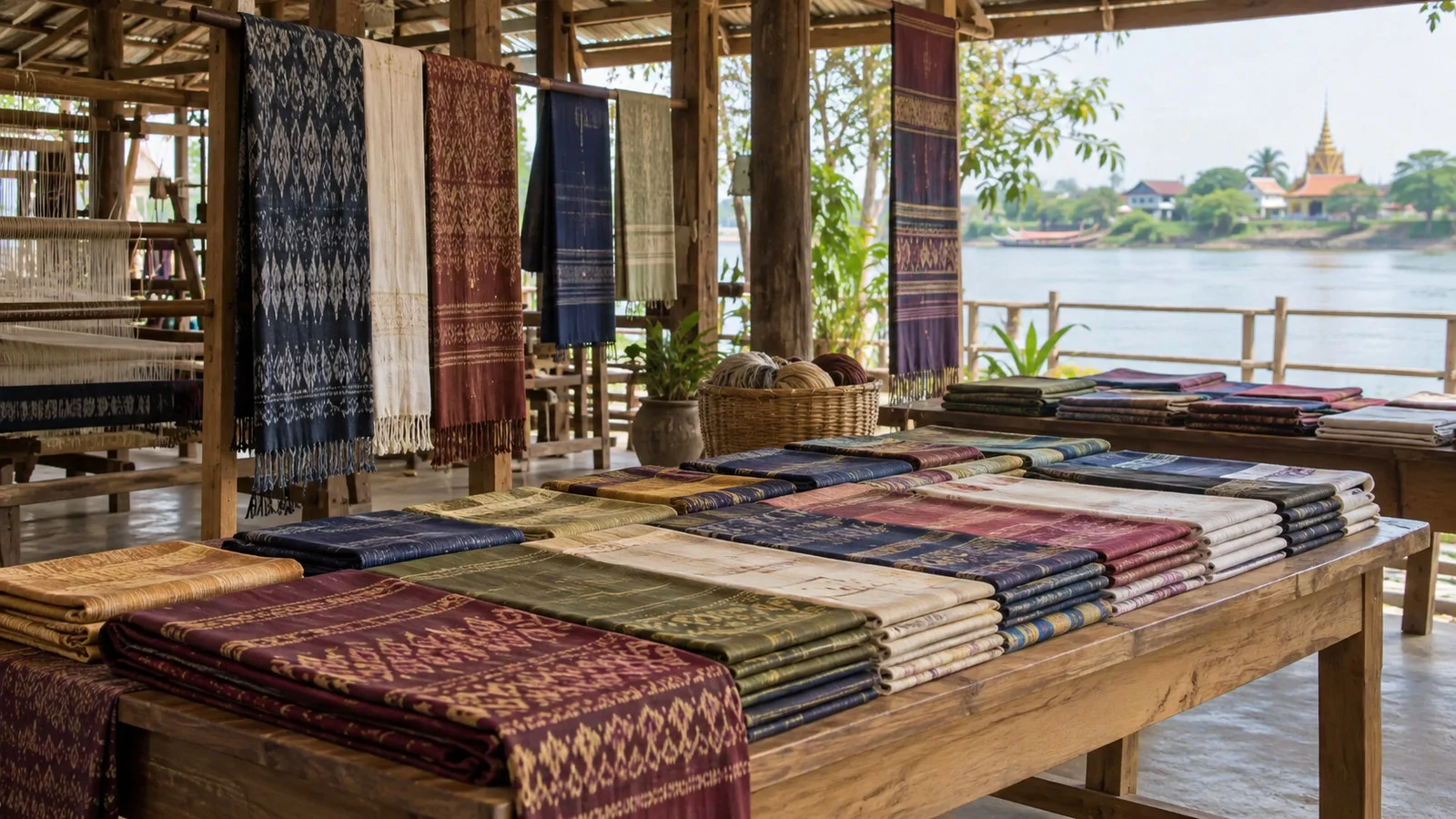 Handwoven Cambodian silk and cotton textiles neatly displayed on tables in a quiet Koh Oknha Tey village workshop, no people