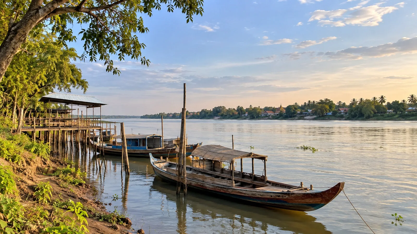 Mekong riverbank beside Koh Oknha Tey Cambodia with moored wooden boats and green trees, no people
