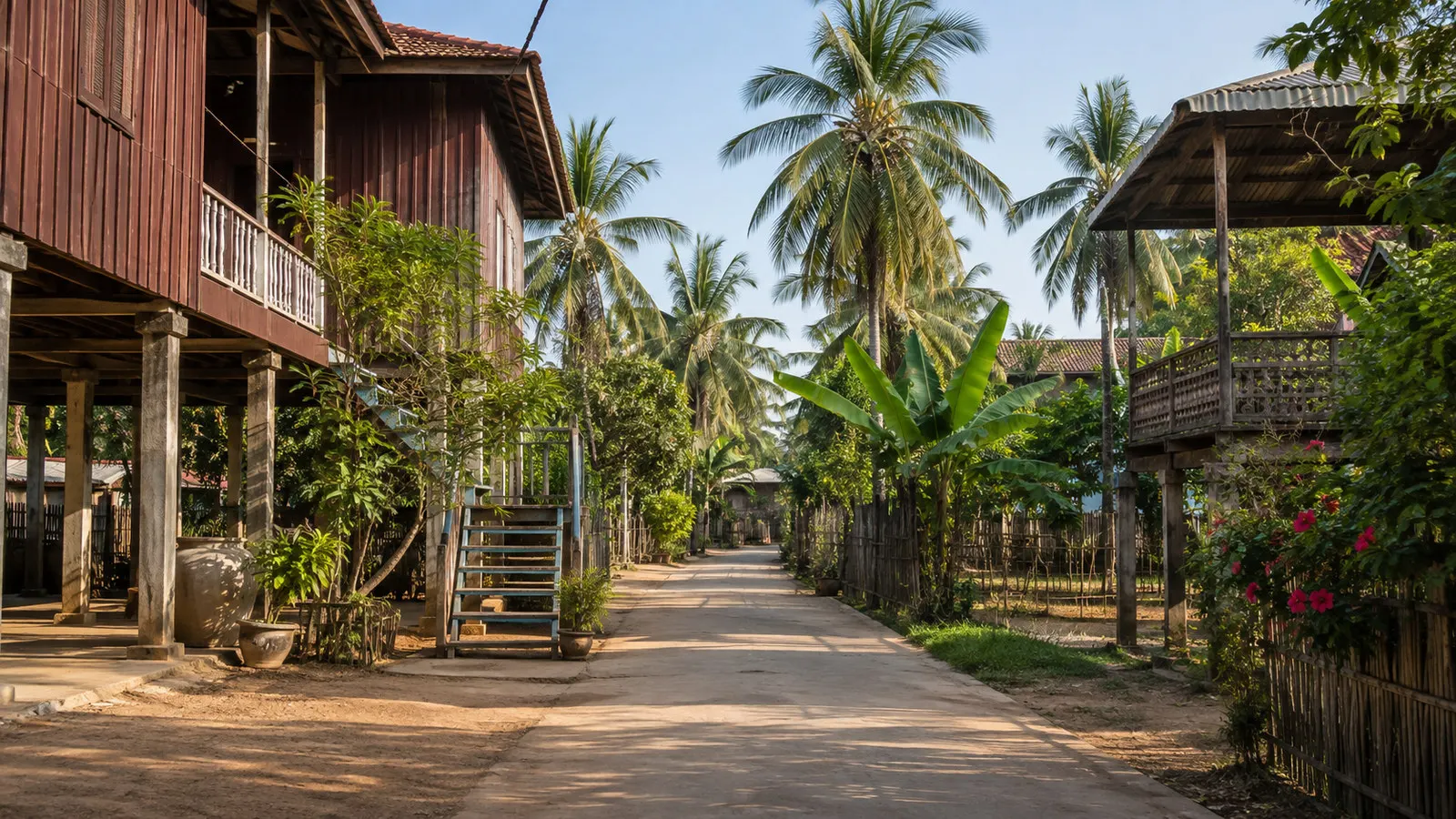 Quiet rural lane through Koh Oknha Tey Silk Island village with stilt houses, palms and no people