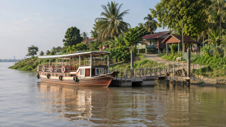 Small river cruise vessel moored at Koh Oknha Tey Silk Island on the Mekong near Phnom Penh Cambodia, low green riverbank and village landing