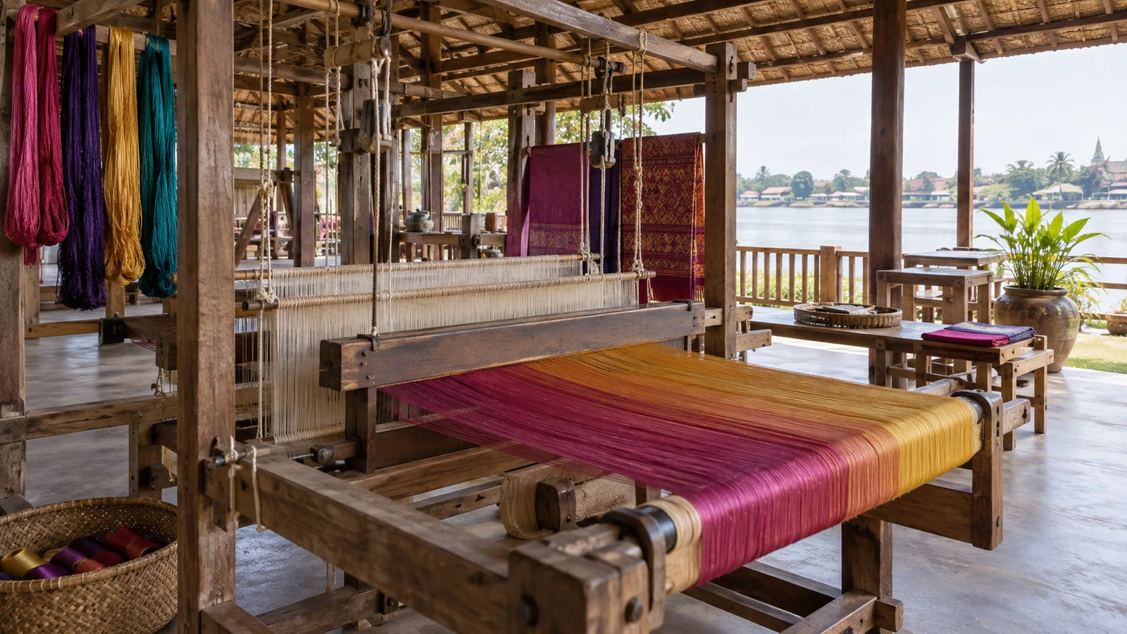 Traditional wooden silk weaving loom inside an empty open-air workshop on Koh Oknha Tey Cambodia with colorful threads, no people