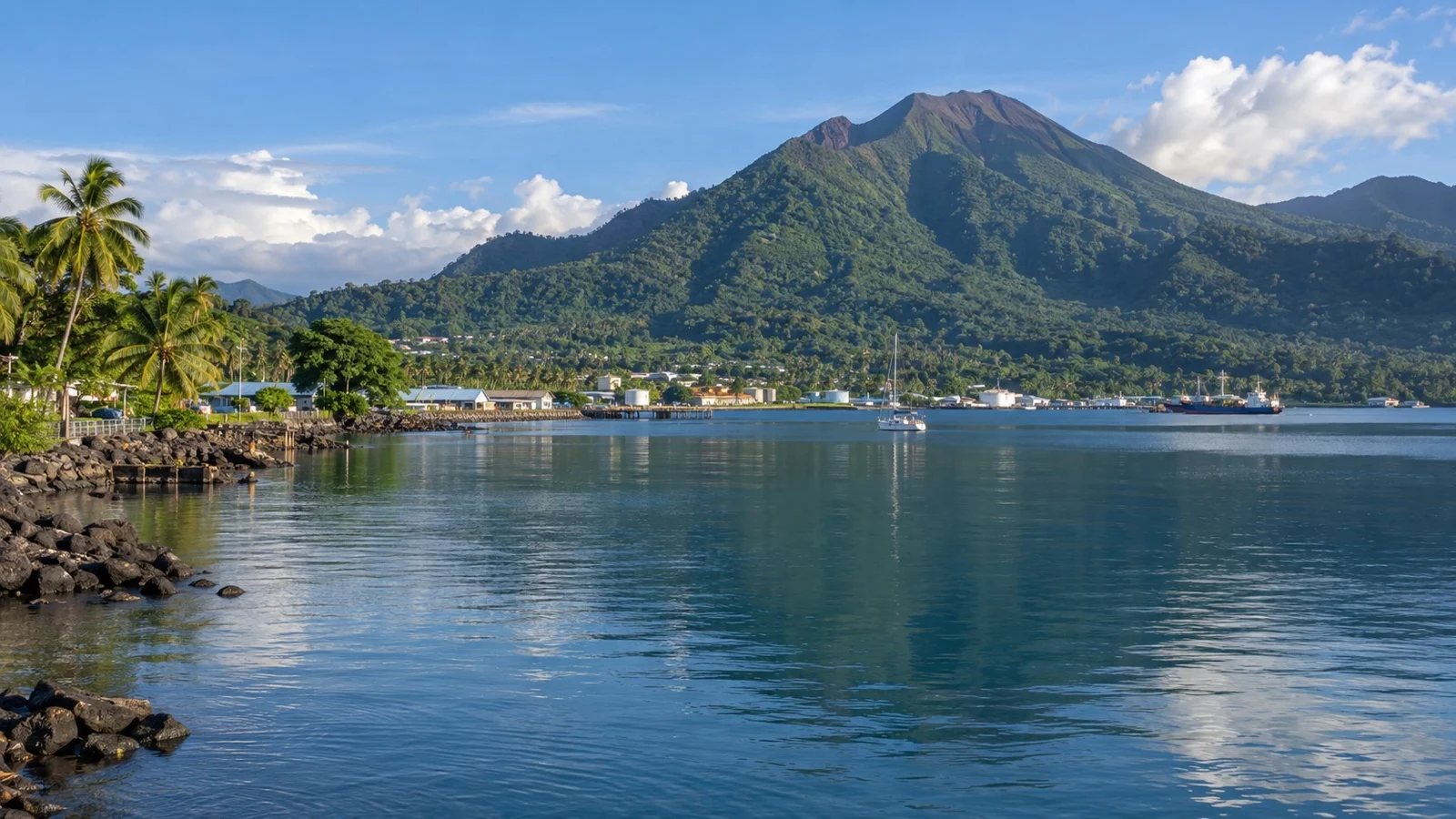 Kokopo shoreline and tropical hills in East New Britain