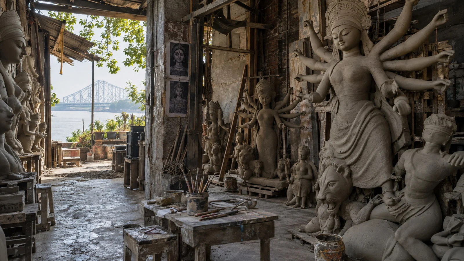 Kumartuli North Kolkata traditional clay sculpture workshop displaying unfinished Durga figures and tools, empty with no people