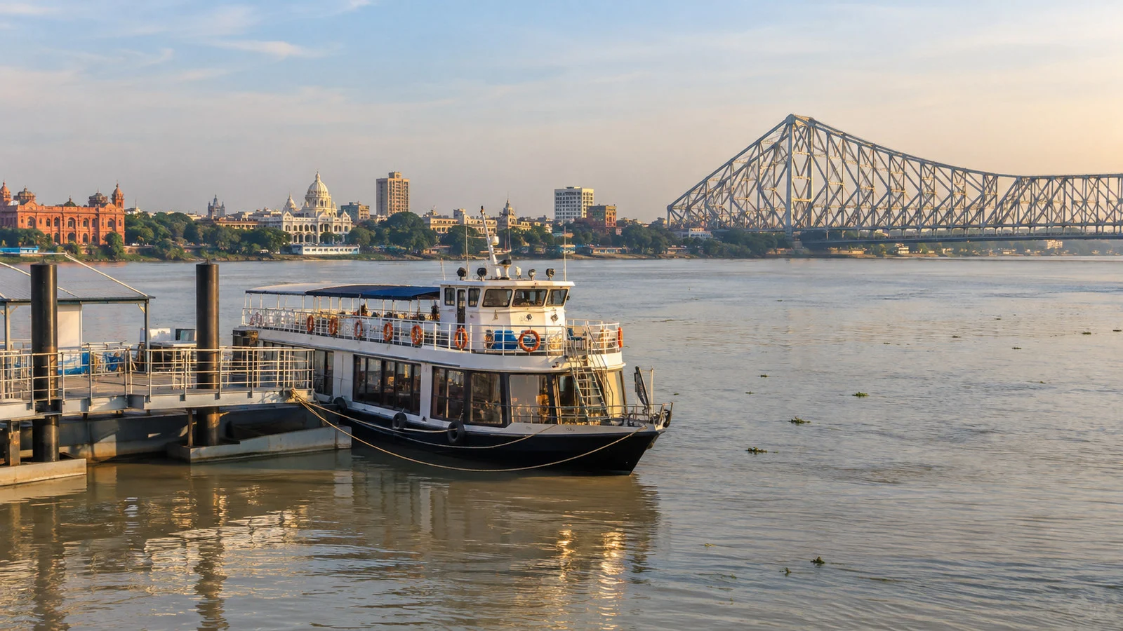 Small river cruise vessel at Kolkata Hooghly River landing with city riverfront and Howrah Bridge in distance, no people