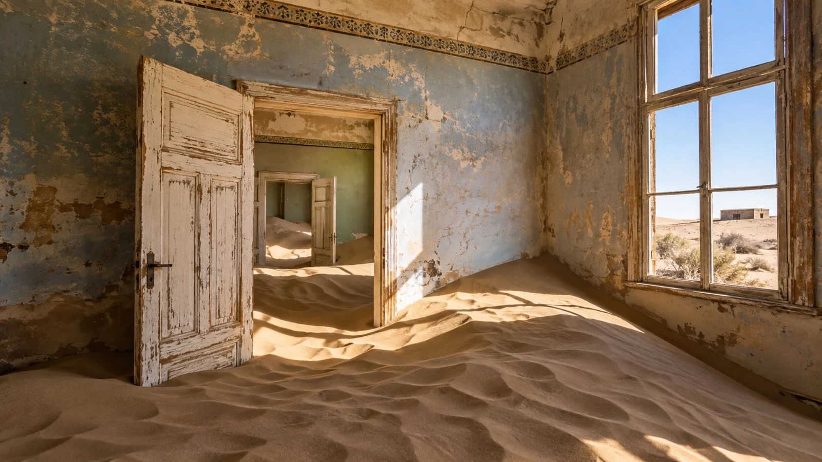 Sand filling an abandoned room in Kolmanskop ghost town