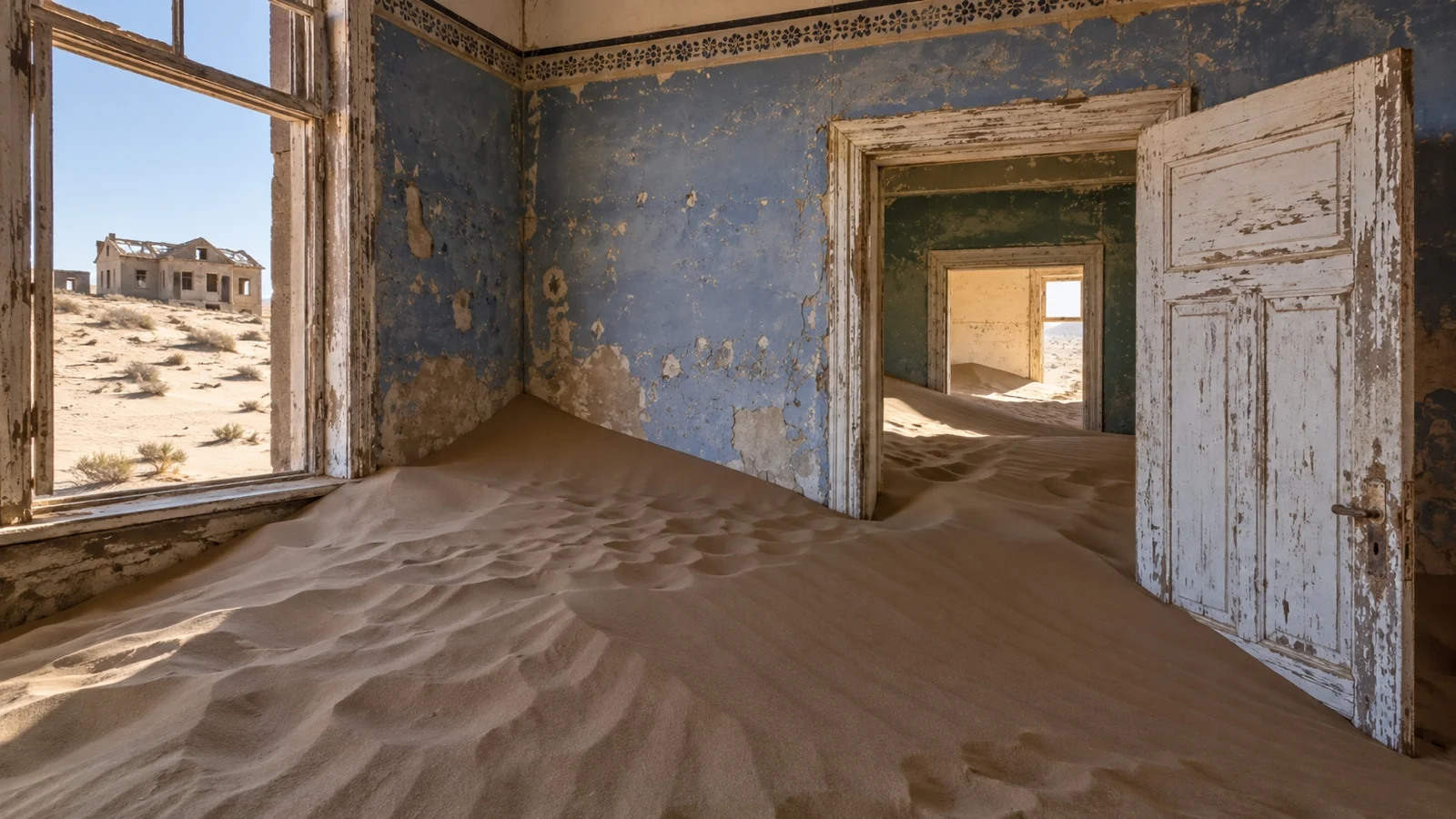 Sand-filled abandoned house in Kolmanskop, Namibia