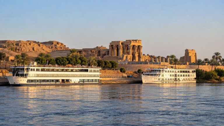 Nile river cruise boats below the Kom Ombo temple