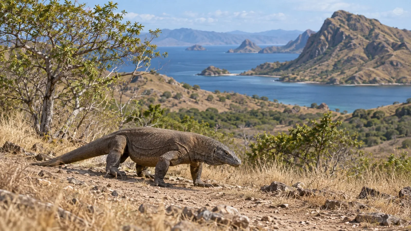 Komodo dragon on a dry island savanna trail at a safe distance