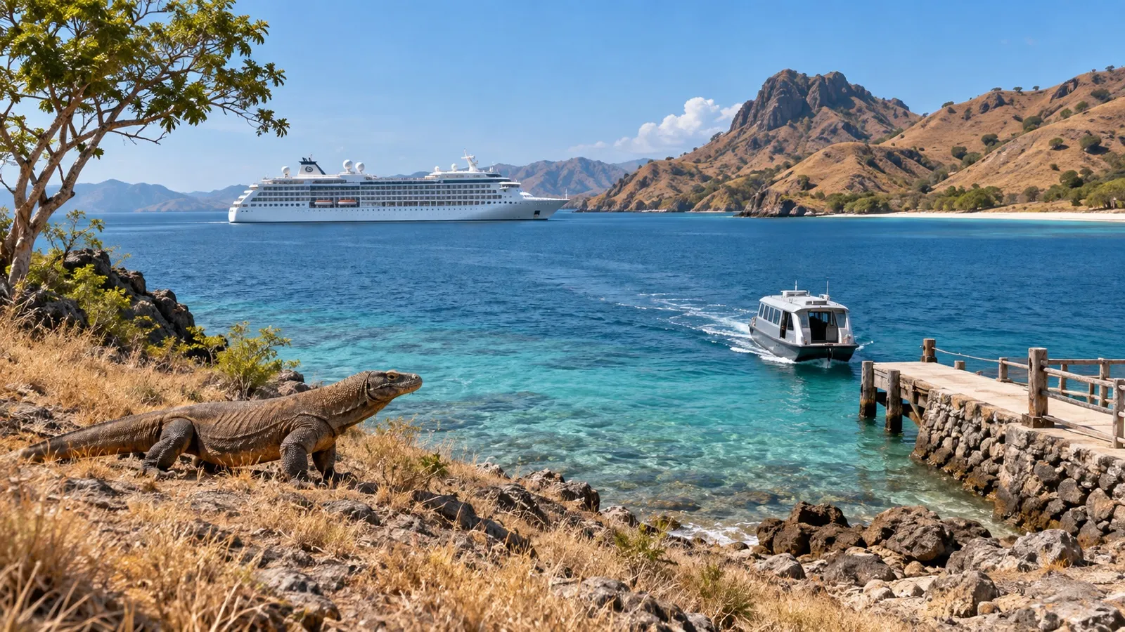 Tender boat approaching Komodo Island from a cruise ship offshore