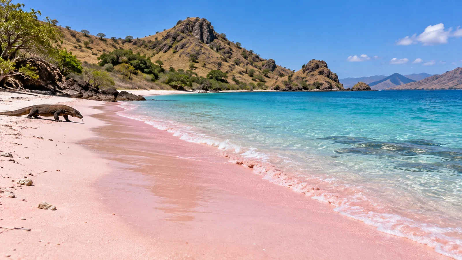 Subtly pink sand and turquoise water on Komodo Island’s Pink Beach
