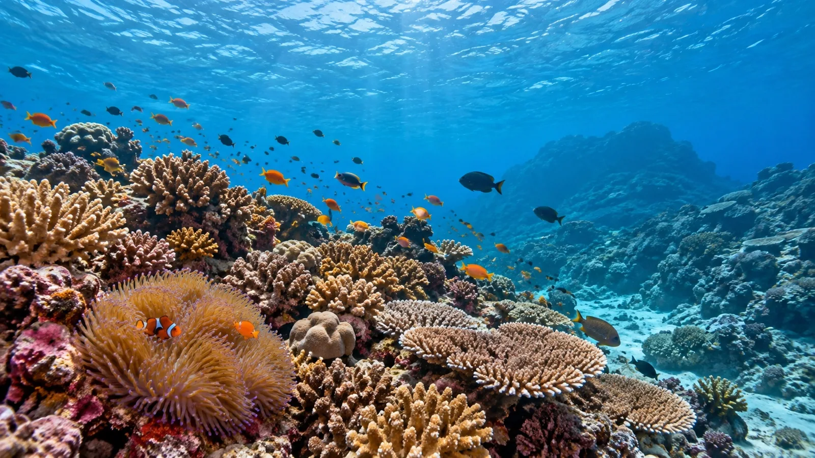 Colorful coral and tropical fish underwater in Komodo National Park