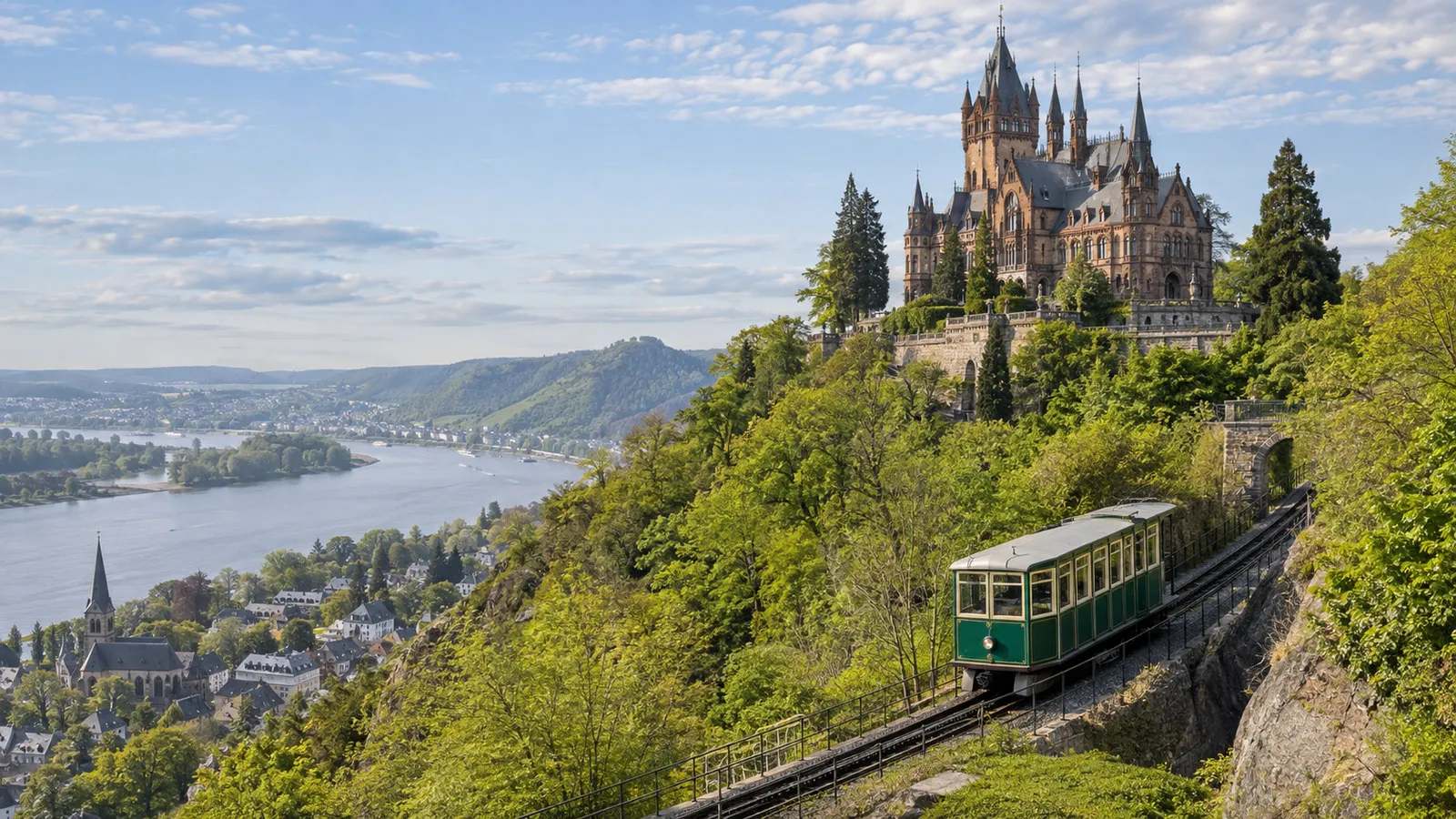 Drachenfels summit above Konigswinter with Schloss Drachenburg castle and historic rack railway train on hillside, no people
