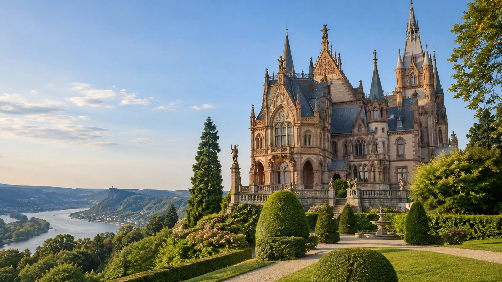 Schloss Drachenburg near Konigswinter Germany romantic nineteenth-century castle facade amid gardens, no people