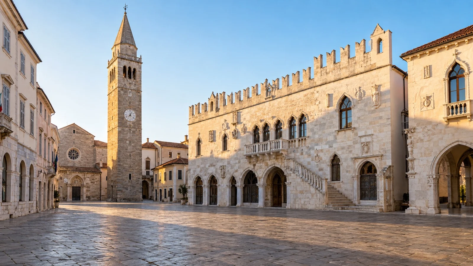 Praetorian Palace and cathedral bell tower on Koper’s quiet Tito Square