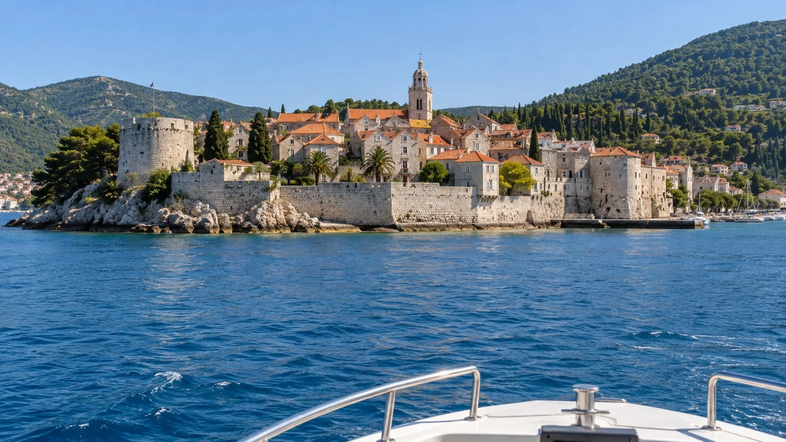 Tender boat approaching Korčula fortified old town