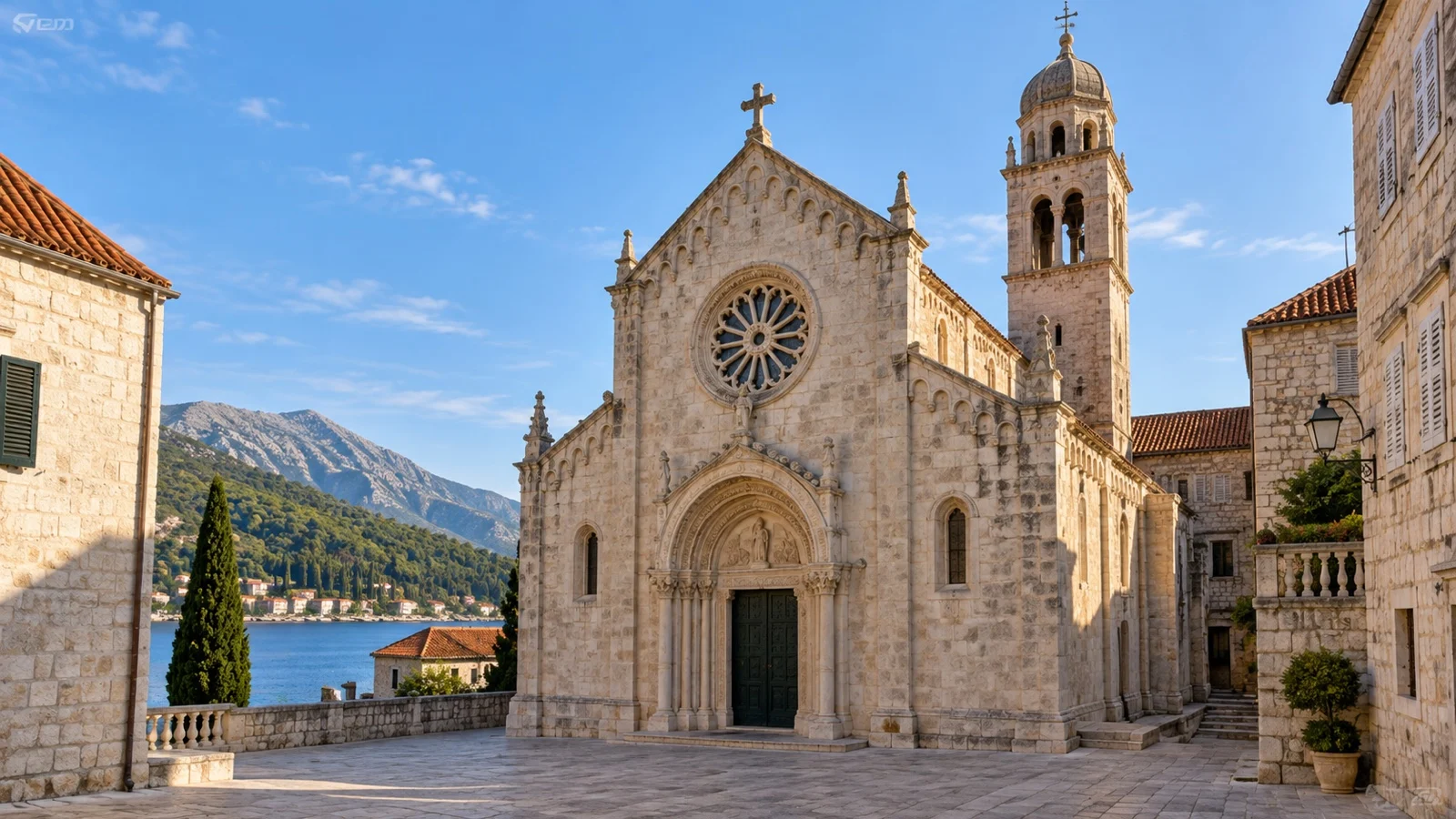 Stone facade of Saint Mark’s Cathedral in Korčula