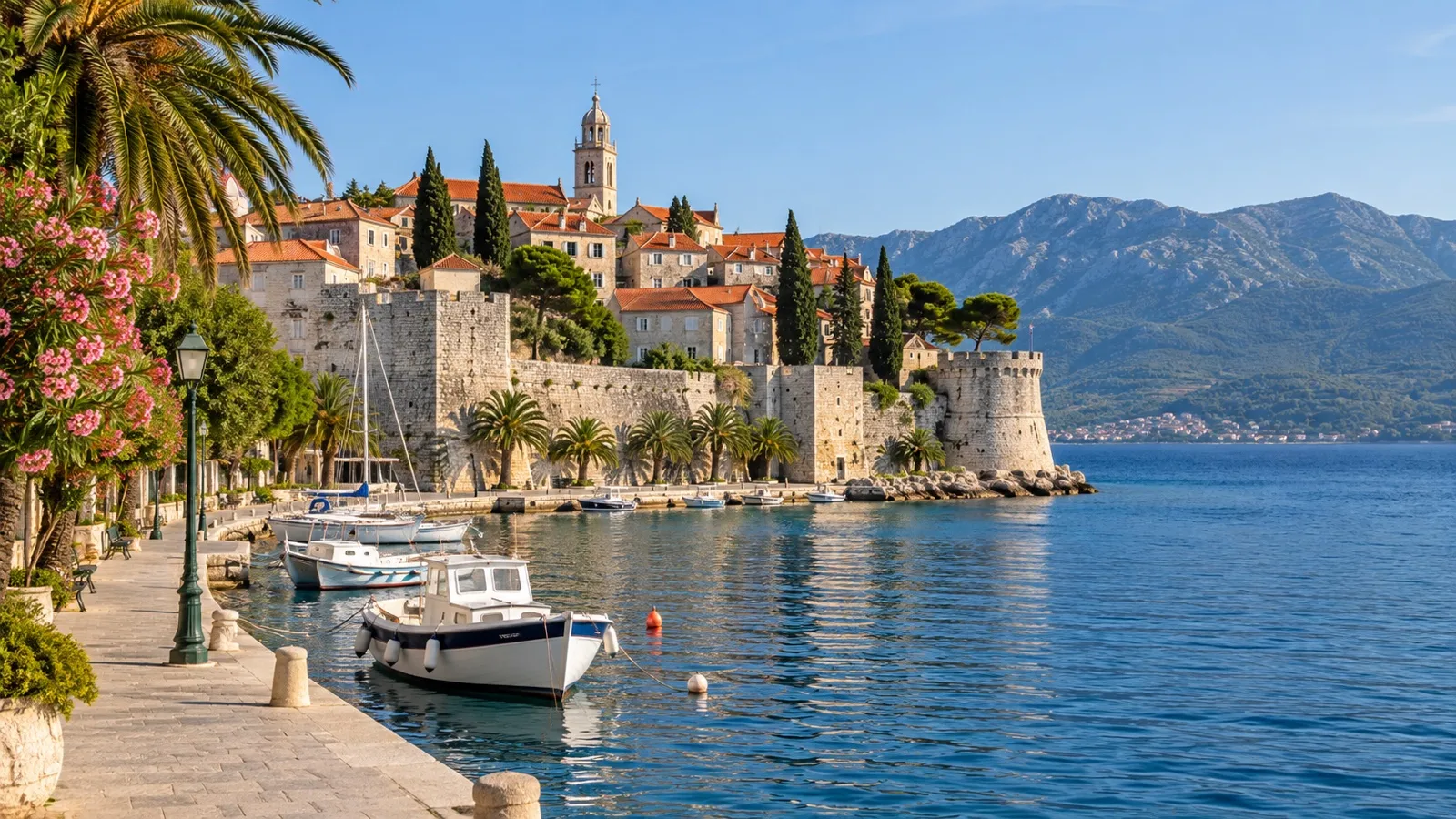 Korčula waterfront below medieval town walls