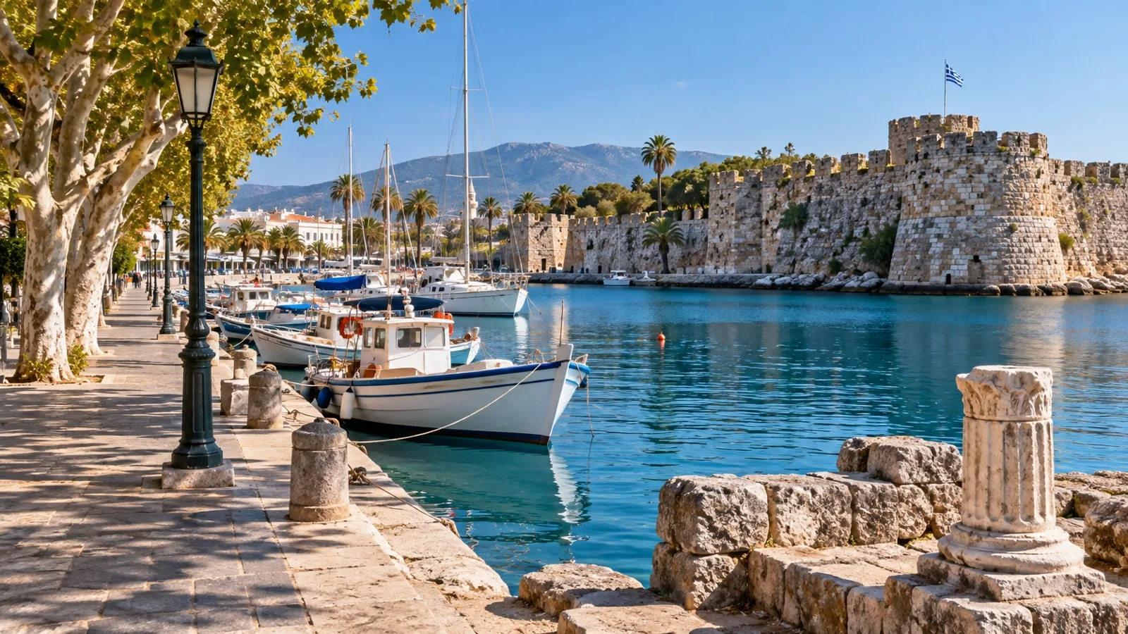 Boats and palms along Kos Town harbor promenade