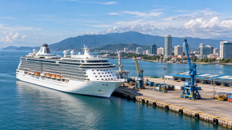 Cruise ship at Kota Kinabalu’s commercial port beside the city