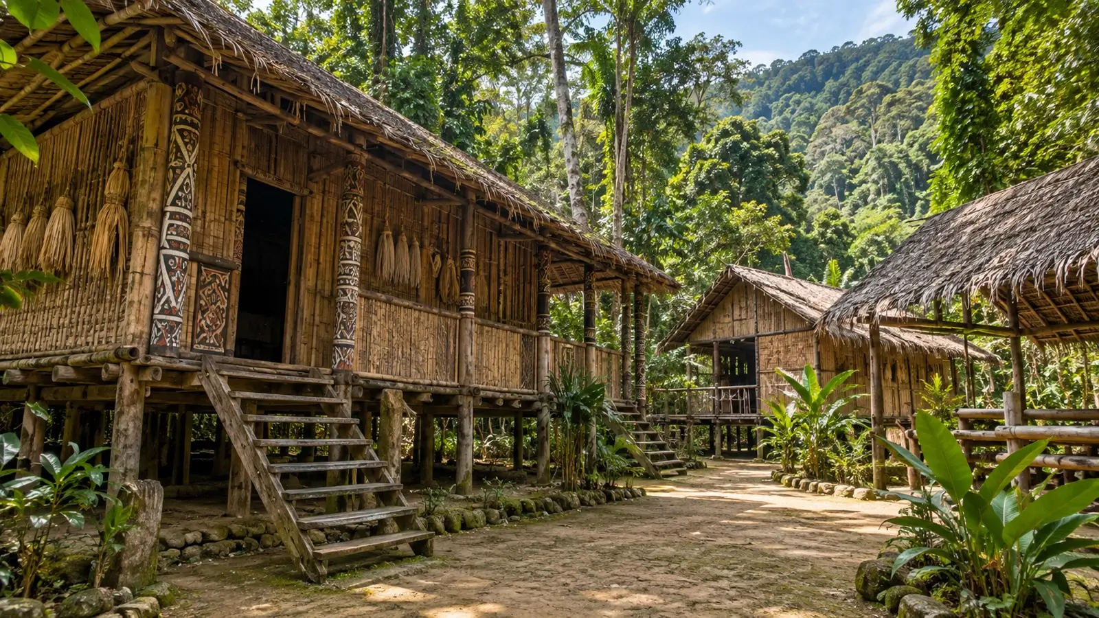 Traditional timber longhouses at Mari Mari Cultural Village near Kota Kinabalu