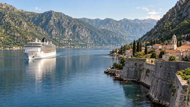 Cruise ship sailing into the Bay of Kotor past mountain slopes and stone waterfront walls