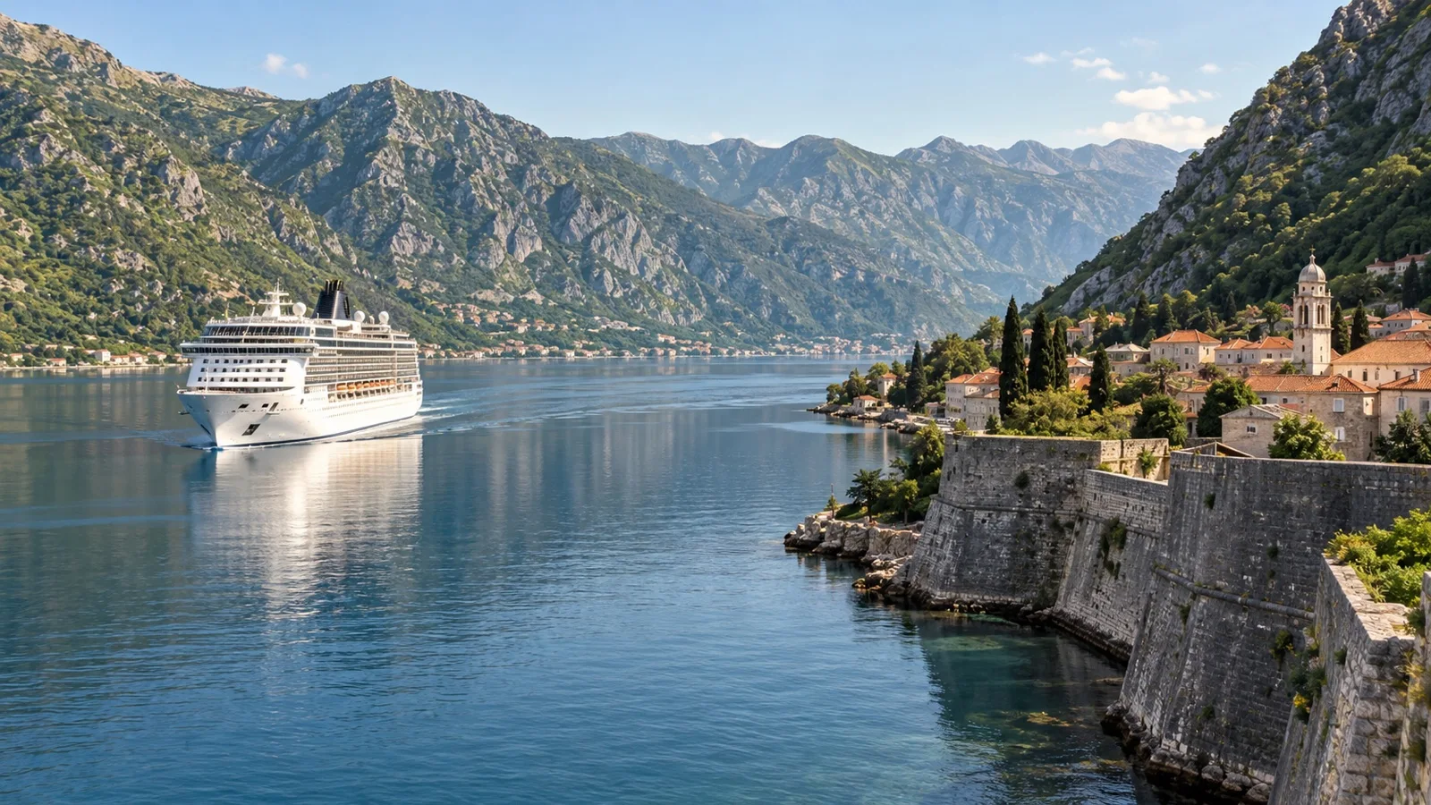 Cruise ship sailing into the Bay of Kotor past mountain slopes and stone waterfront walls