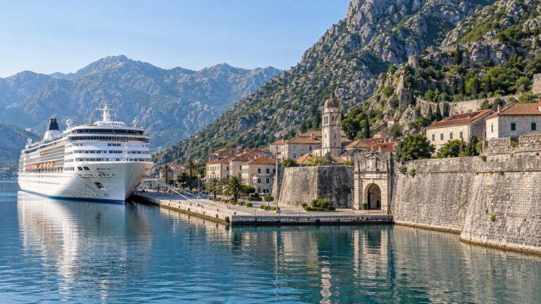Cruise ship at Kotor quay beside the walled Old Town and bay mountains
