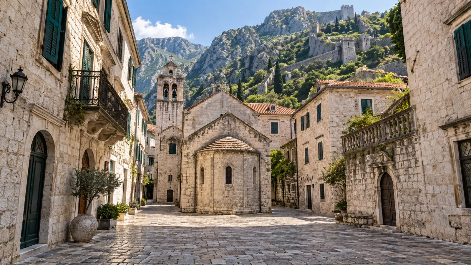 Stone square and medieval buildings within Kotor old town beneath its fortress walls