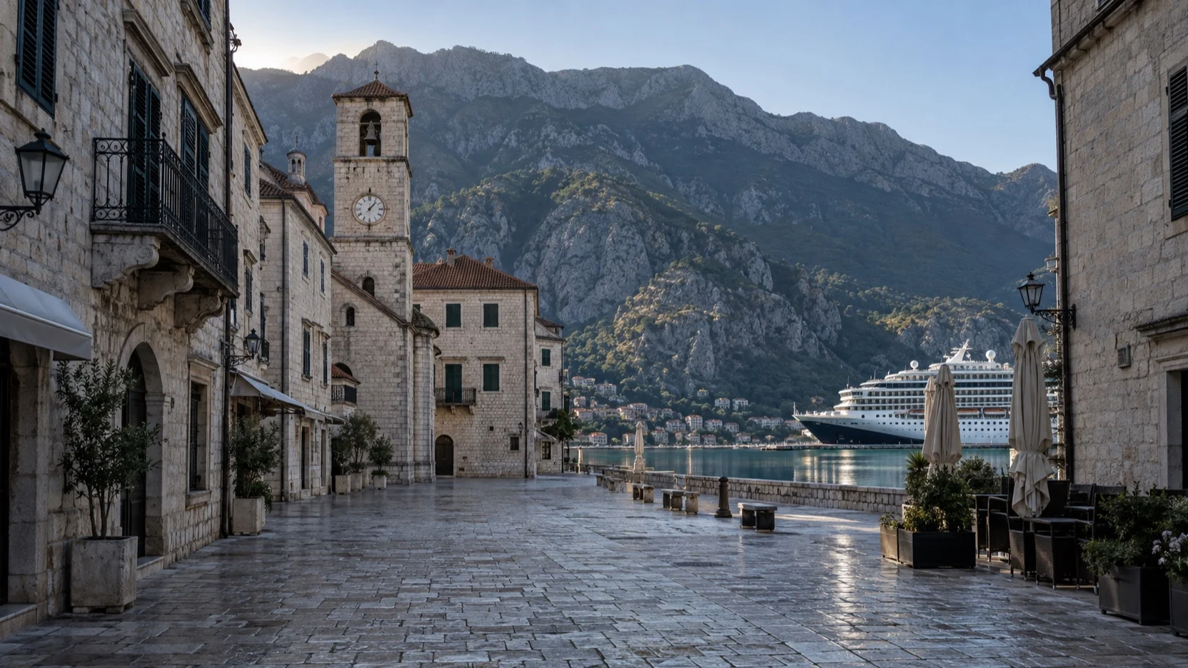Kotor's empty old town street in mountain shade beside a cruise ship
