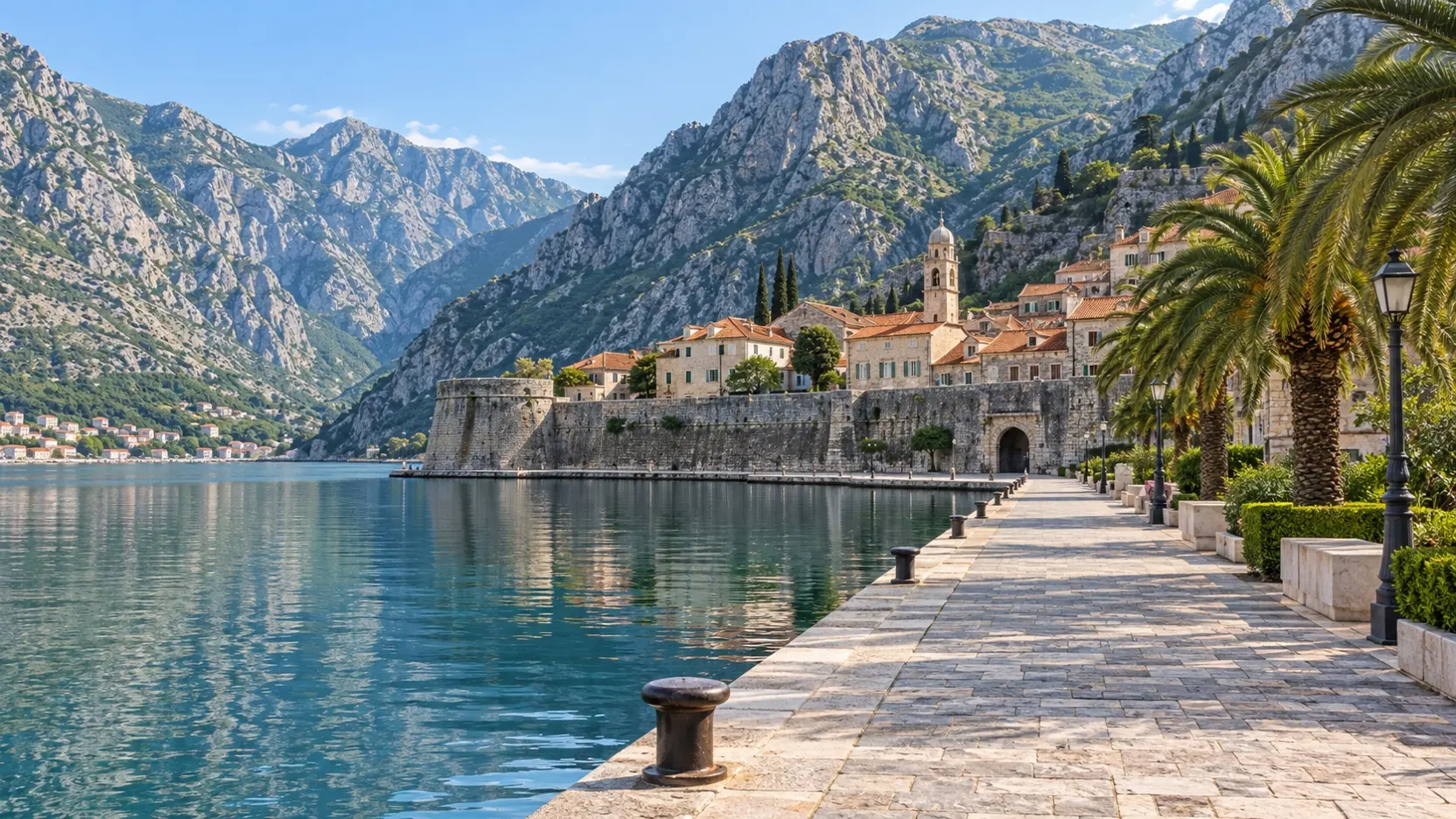 Waterfront path beside Kotor’s walled old town and mountain-framed bay