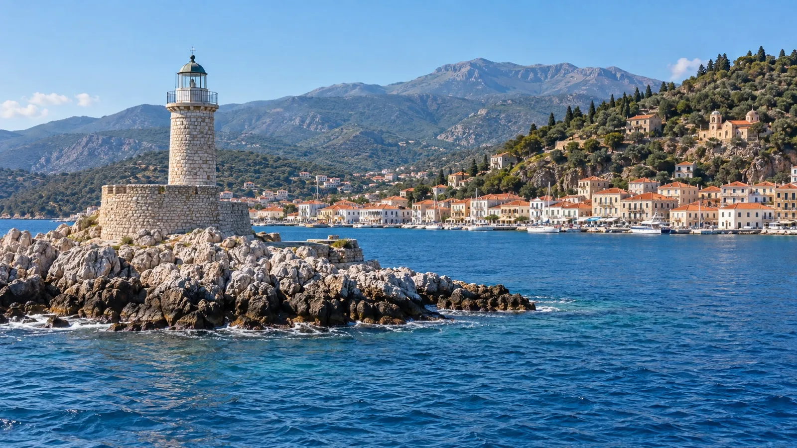 Kranai lighthouse overlooking the sea near Gythion