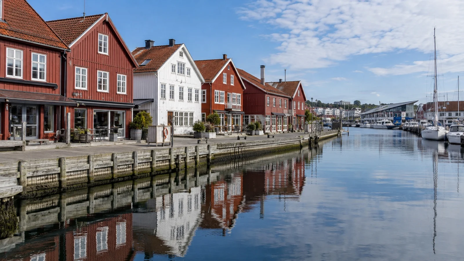 Traditional waterfront buildings and boats at Fiskebrygga in Kristiansand