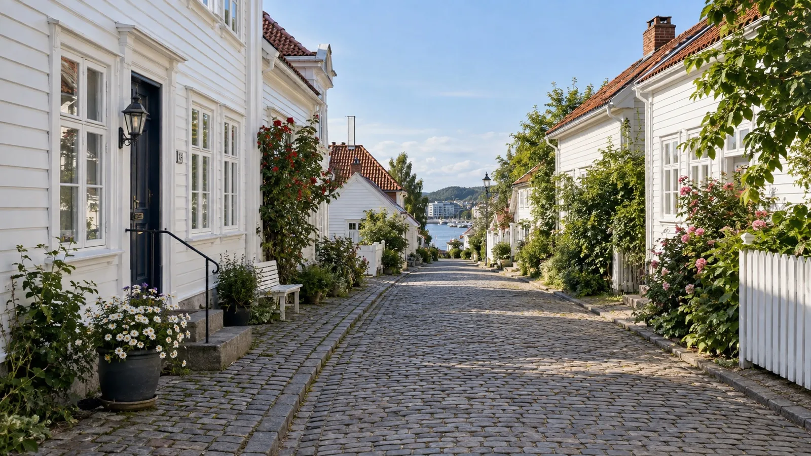 White timber houses lining a quiet street in Posebyen, Kristiansand