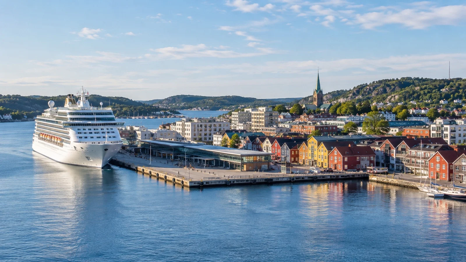 Cruise ship at Kristiansand's Quay 10 near the city waterfront