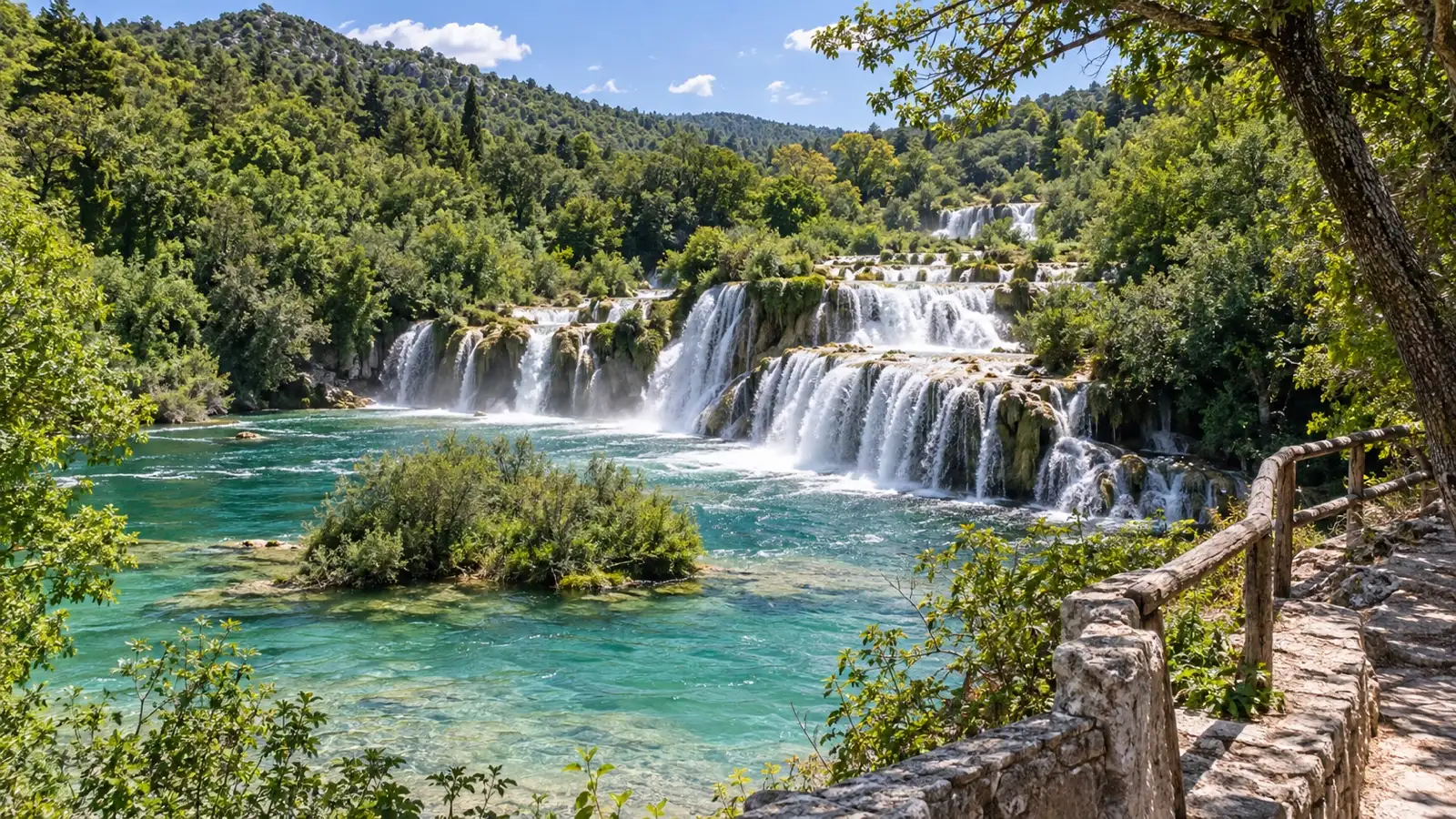 Waterfalls cascading through green forest in Krka National Park