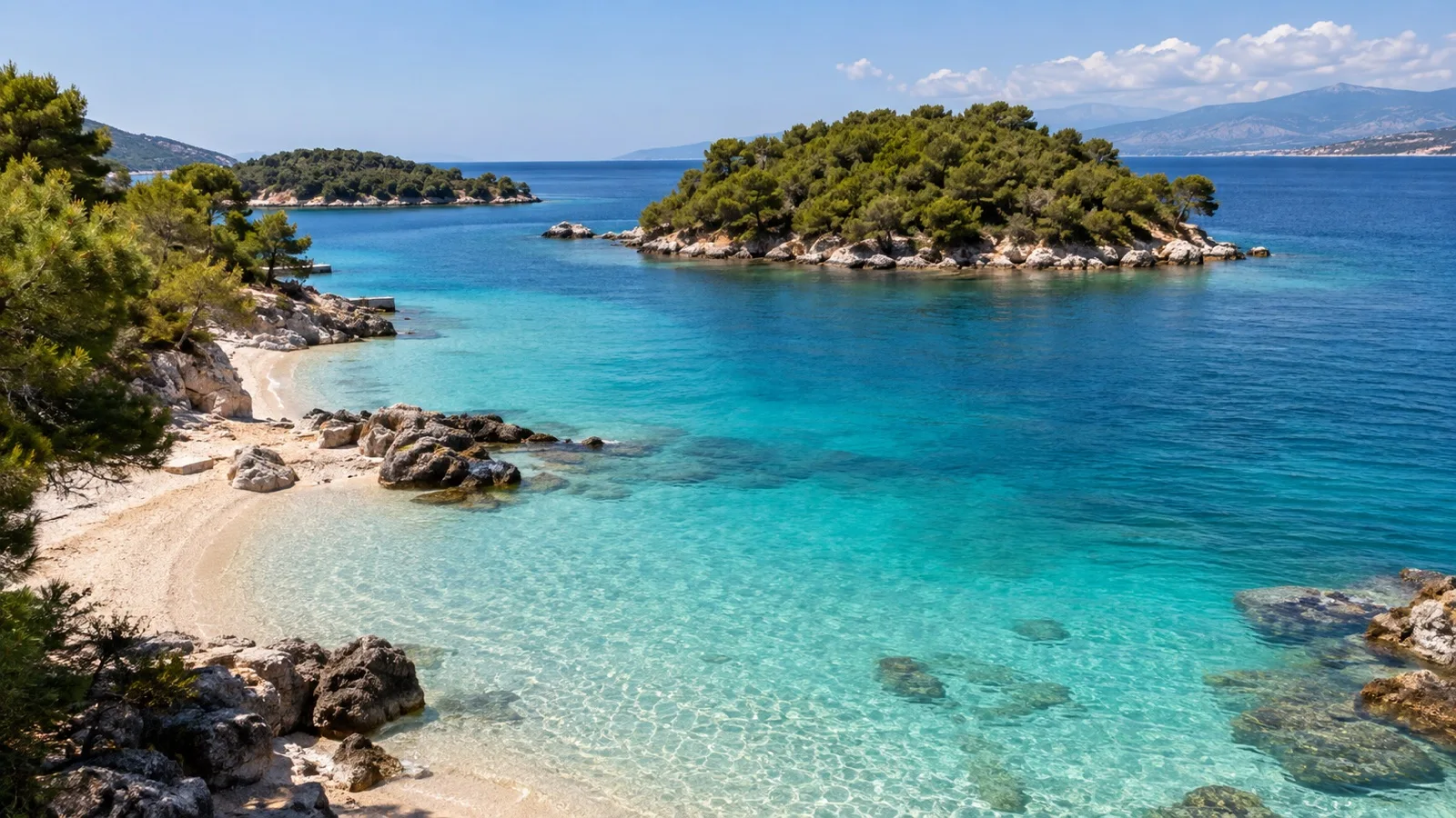 Turquoise water and forested islets off Ksamil on Albania’s Ionian coast.