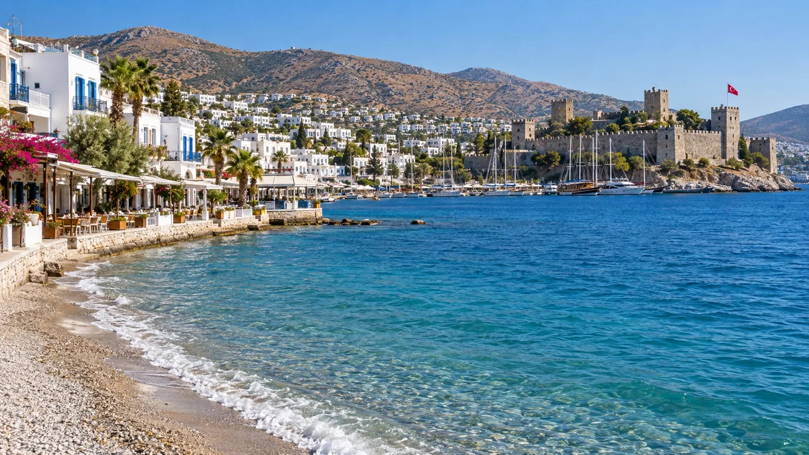 Kumbahçe beach and whitewashed Bodrum waterfront