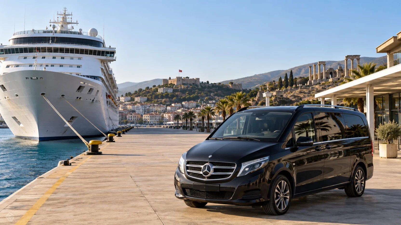 Private transfer van beside a cruise ship at Kusadasi port