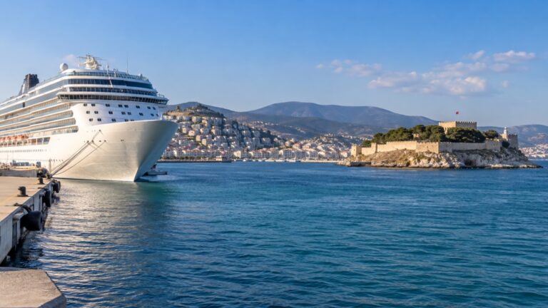 Cruise ship at Kuşadası port with Pigeon Island fortress across the water