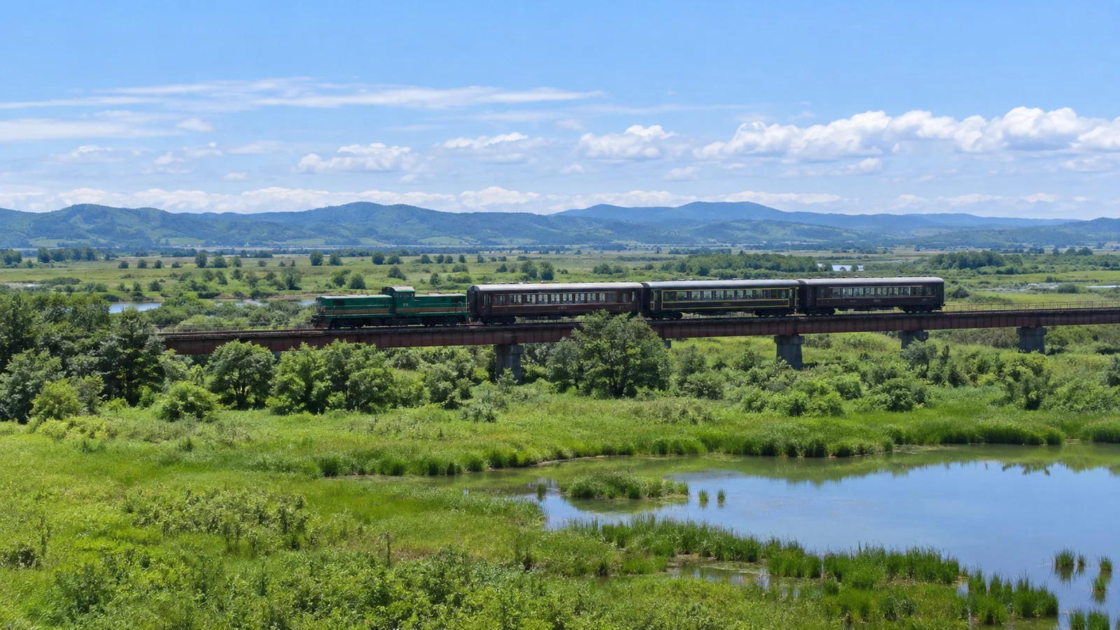 Norokko sightseeing train crossing the Kushiro marshland