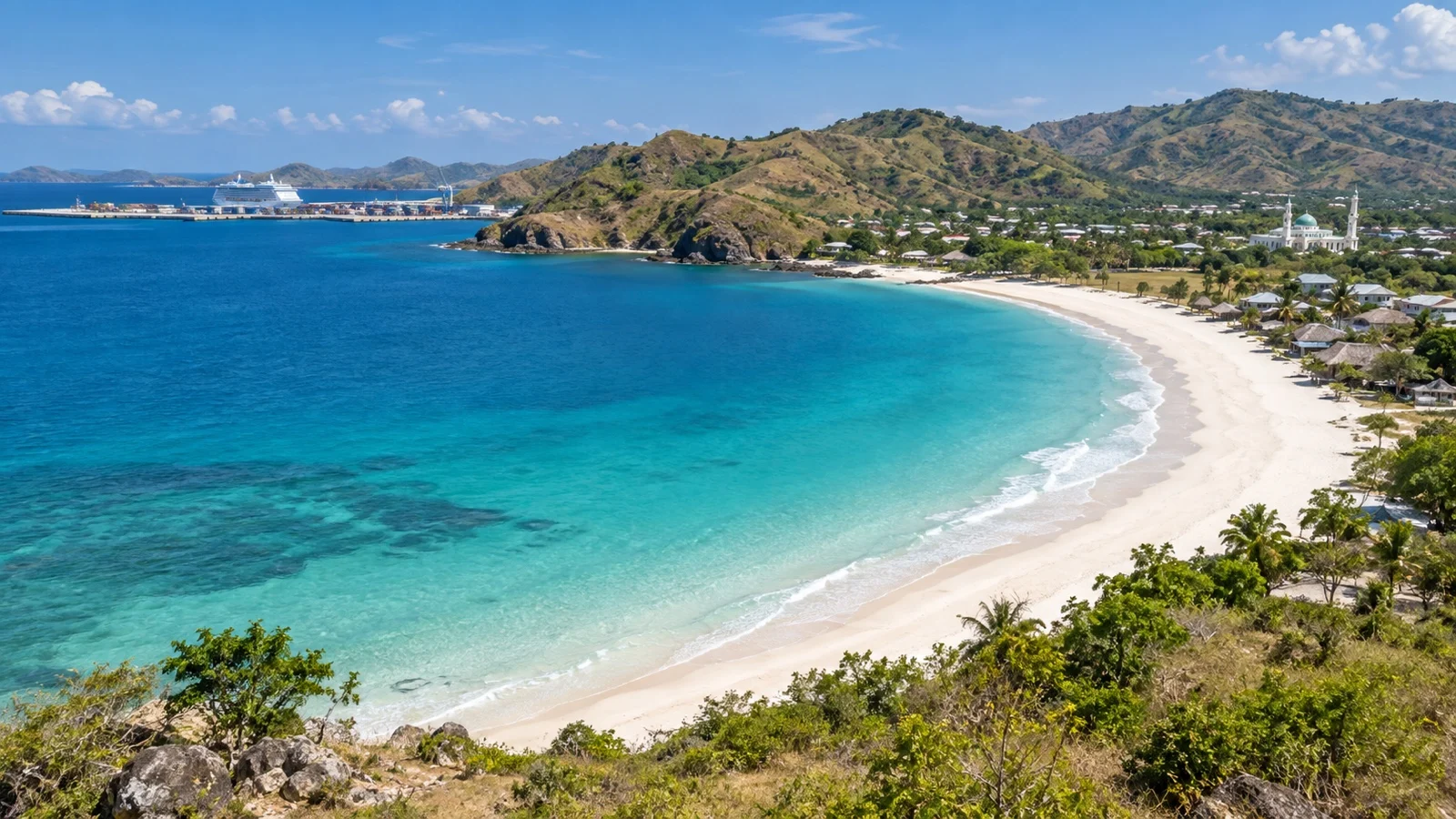 White-sand bay and green hills at Kuta Lombok Mandalika